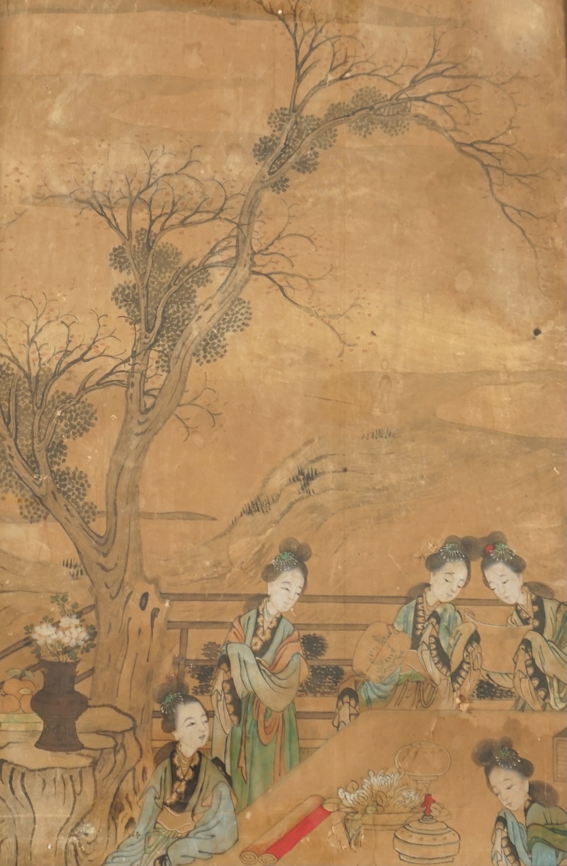 Chinese School, c.1800, ink and colour on paper, beautiful ladies in a garden
